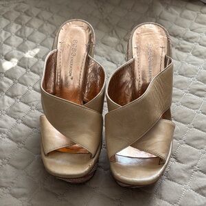 BCBGeneration Metallic Champagne Crisscross Wedge Slides